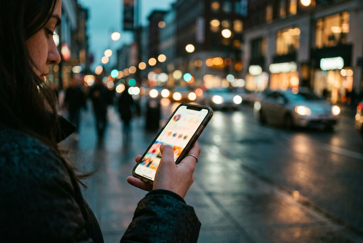 A hand holding a phone on a city street at dusk, the screen glowing with a feed.
