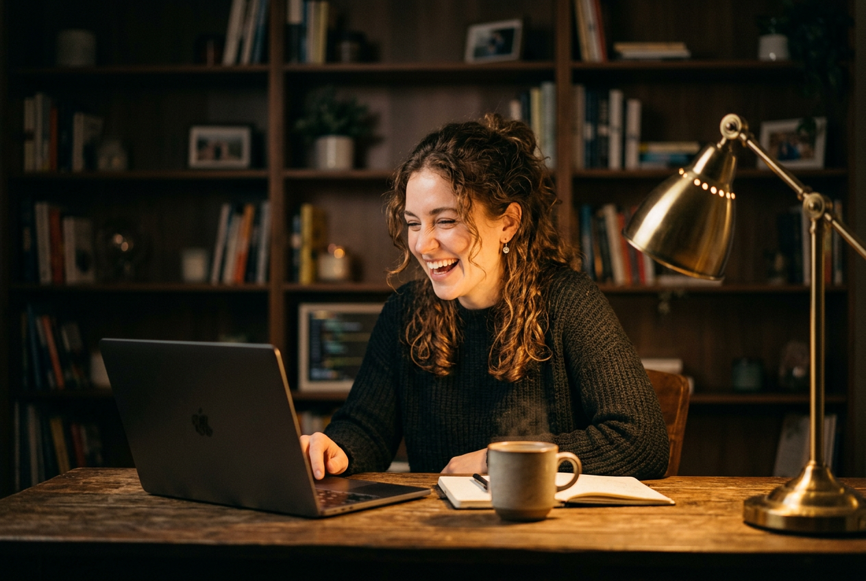 A founder laughing in relief at her laptop on a lamp-lit desk.